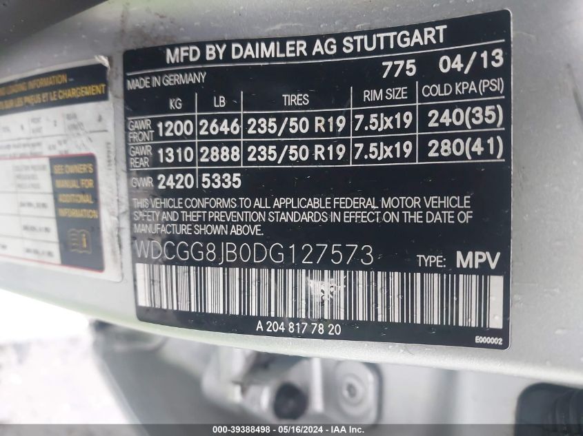 2013 Mercedes-Benz Glk 350 4Matic VIN: WDCGG8JB0DG127573 Lot: 39388498