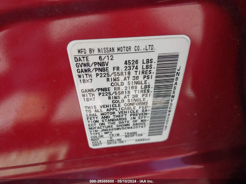 2012 Nissan Rogue Sv W/Sl Pkg VIN: JN8AS5MV5CW420747 Lot: 39388500