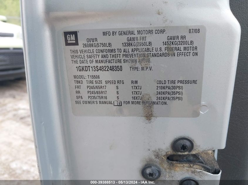 2008 GMC Envoy Sle VIN: 1GKDT13S482248350 Lot: 39388513