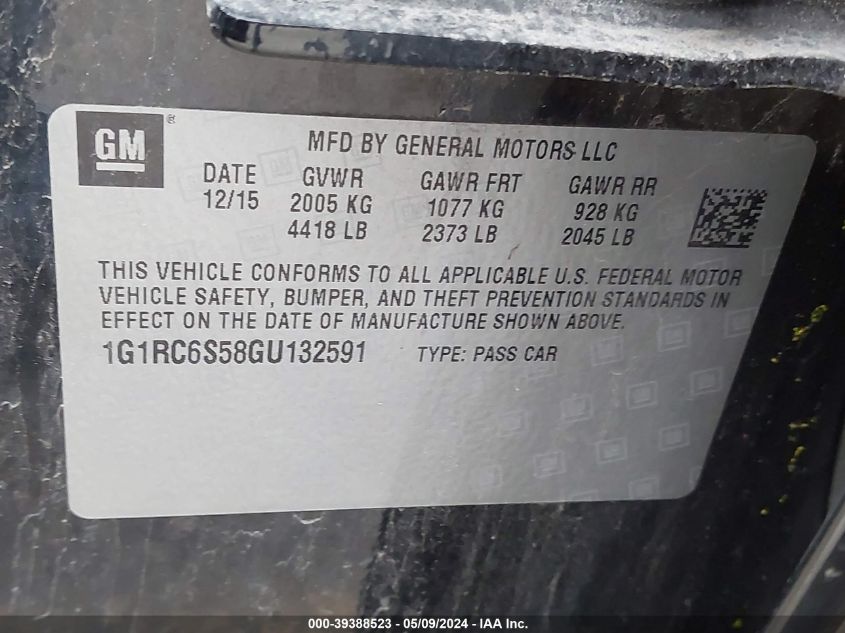 2016 Chevrolet Volt Lt VIN: 1G1RC6S58GU132591 Lot: 39388523