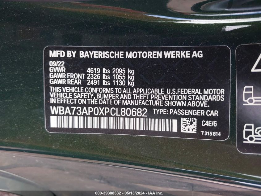 2023 BMW 430I xDrive VIN: WBA73AP0XPCL80682 Lot: 39388532
