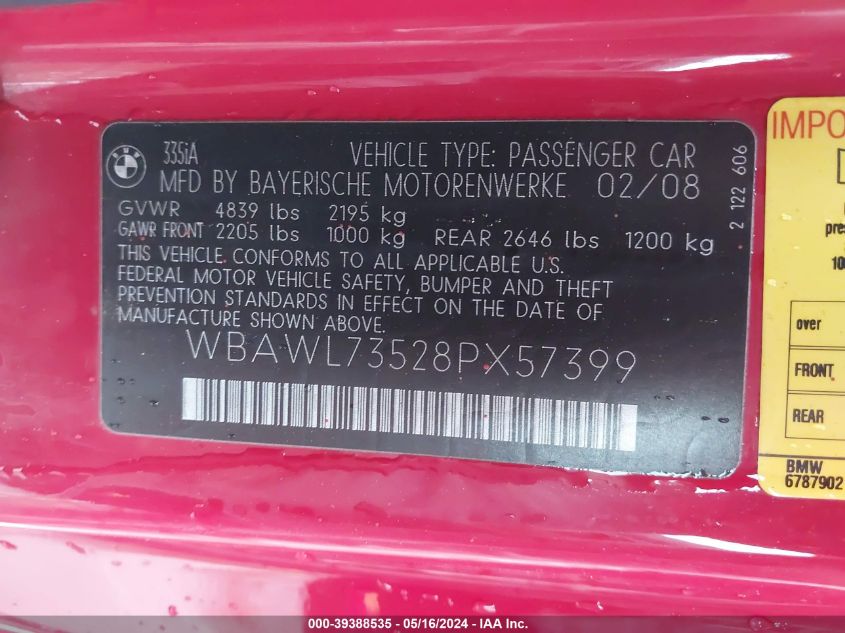 2008 BMW 335I VIN: WBAWL73528PX57399 Lot: 39388535