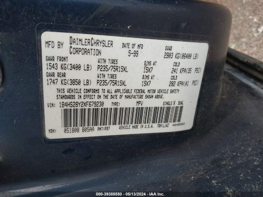 1999 Dodge Durango VIN: 1B4HS28Y2XF679230 Lot: 39388550