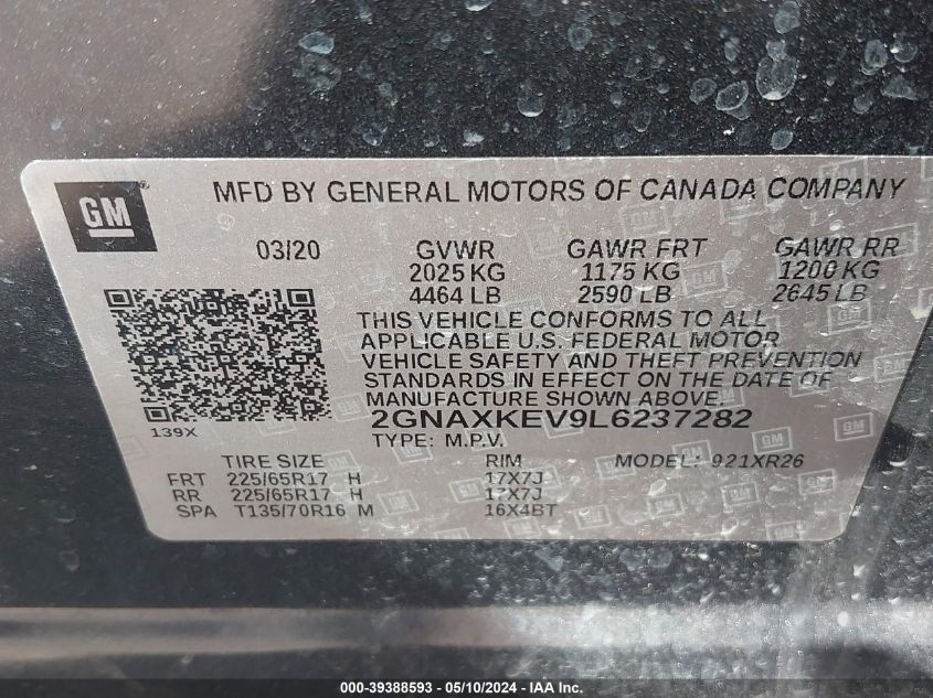 2020 Chevrolet Equinox Fwd Lt 1.5L Turbo VIN: 2GNAXKEV9L6237282 Lot: 39388593