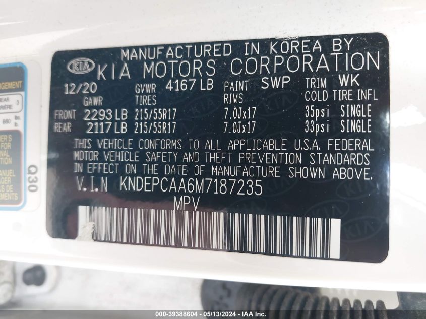 KNDEPCAA6M7187235 2021 Kia Seltos Lx