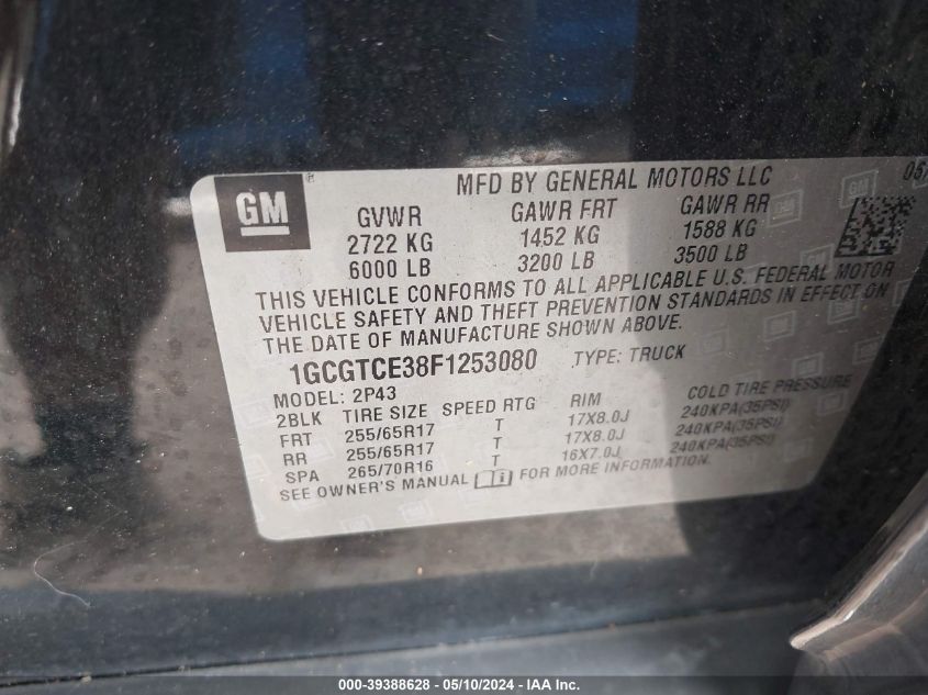 2015 Chevrolet Colorado Z71 VIN: 1GCGTCE38F1253080 Lot: 39388628