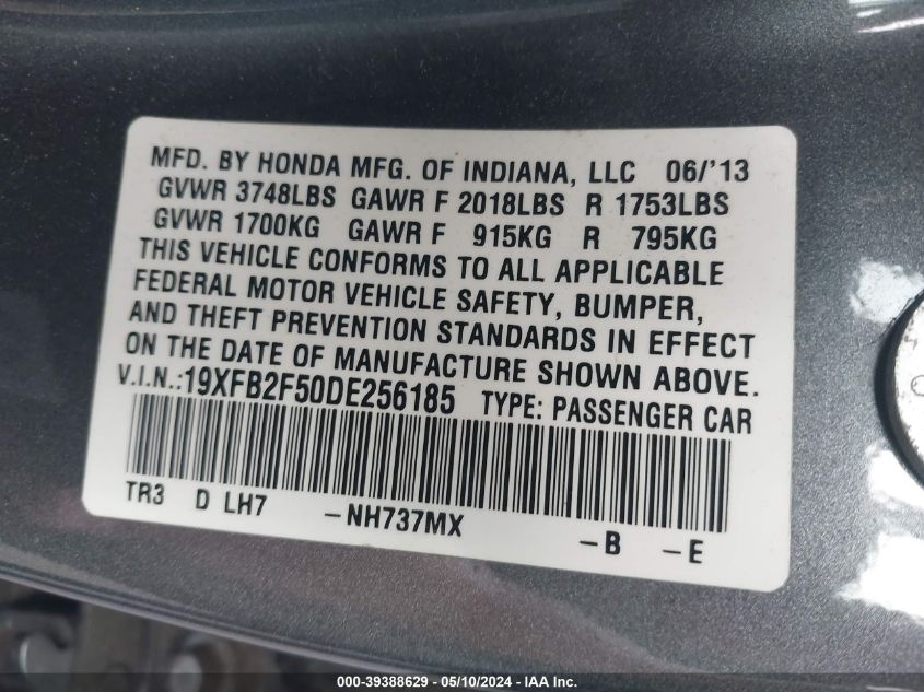 2013 Honda Civic Lx VIN: 19XFB2F50DE256185 Lot: 39388629