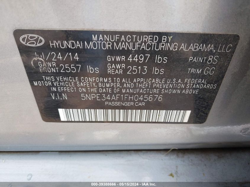 2015 Hyundai Sonata Sport VIN: 5NPE34AF1FH045676 Lot: 39388666