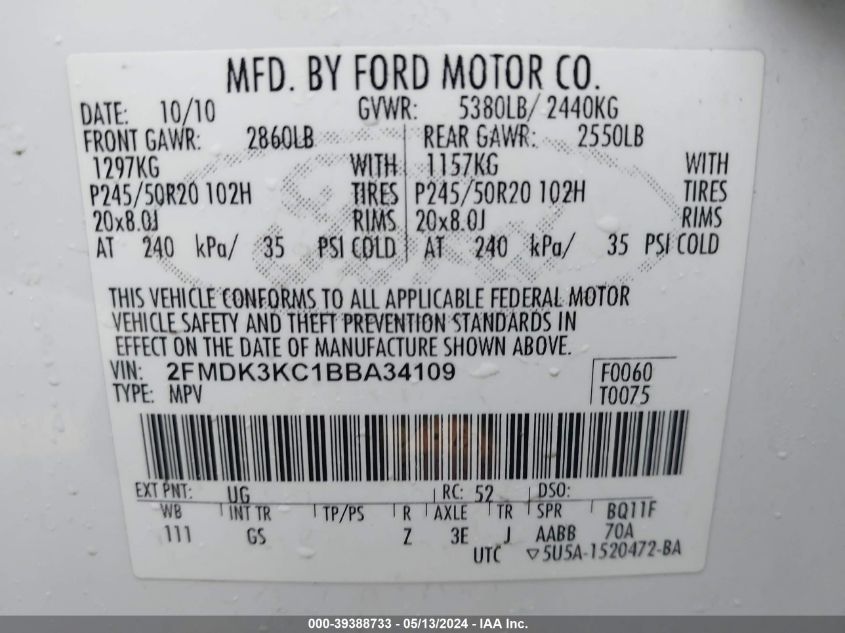 2011 Ford Edge Limited VIN: 2FMDK3KC1BBA34109 Lot: 39388733