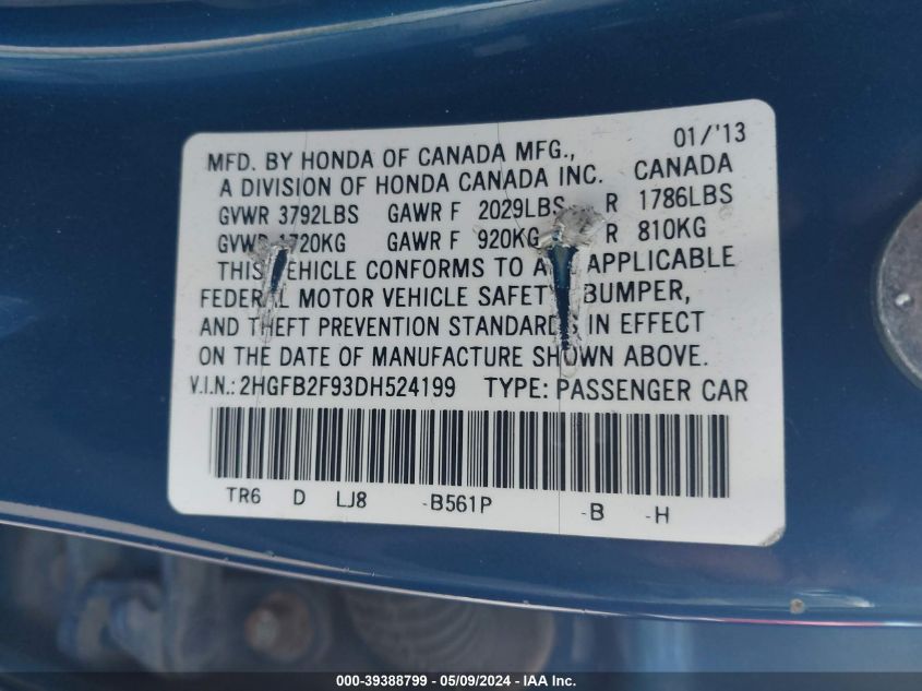 2013 Honda Civic Ex-L VIN: 2HGFB2F93DH524199 Lot: 39388799