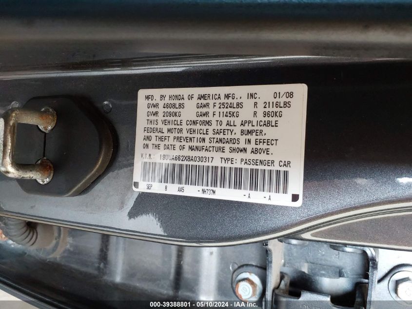 2008 Acura Tl 3.2 VIN: 19UUA662X8A030317 Lot: 39388801