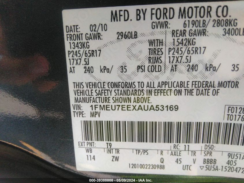 2010 Ford Explorer Eddie Bauer VIN: 1FMEU7EEXAUA53169 Lot: 39388808