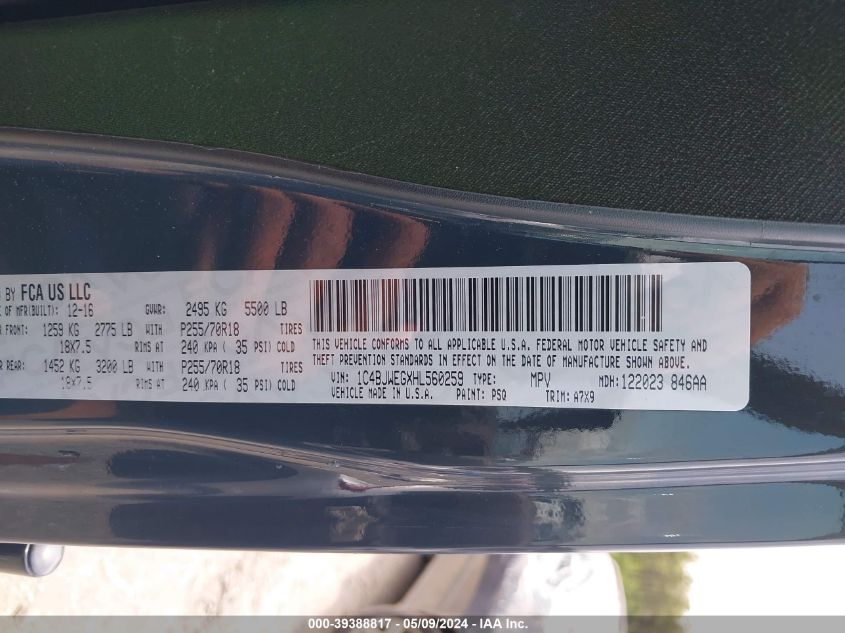 2017 Jeep Wrangler Unlimited Sahara 4X4 VIN: 1C4BJWEGXHL560259 Lot: 39388817