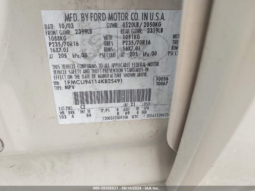 2004 Ford Escape Limited VIN: 1FMCU94114KB25491 Lot: 39388831