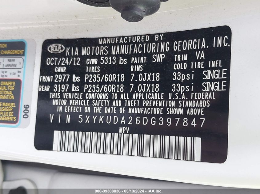 2013 KIA SORENTO EX - 5XYKUDA26DG397847