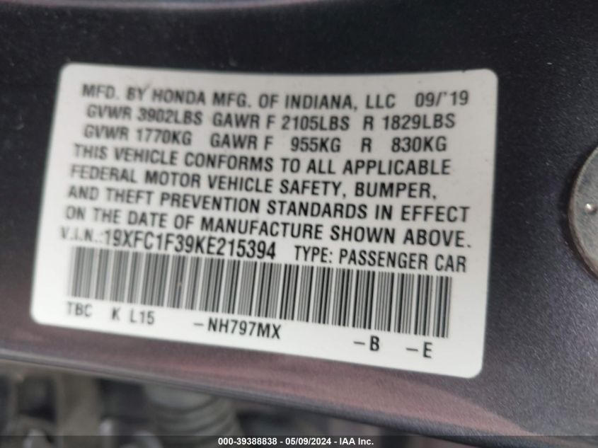 2019 Honda Civic Ex VIN: 19XFC1F39KE215394 Lot: 39388838