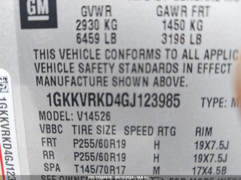 2016 GMC Acadia Slt-1 VIN: 1GKKVRKD4GJ123985 Lot: 39388839