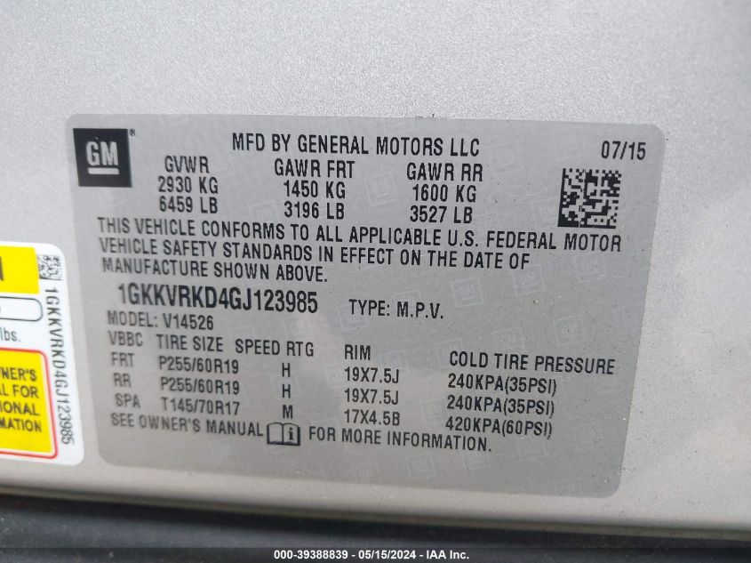 2016 GMC Acadia Slt-1 VIN: 1GKKVRKD4GJ123985 Lot: 39388839