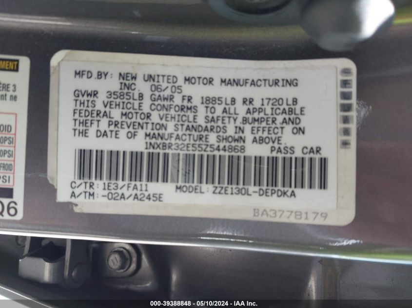 2005 Toyota Corolla Ce VIN: 1NXBR32E55Z544868 Lot: 39388848