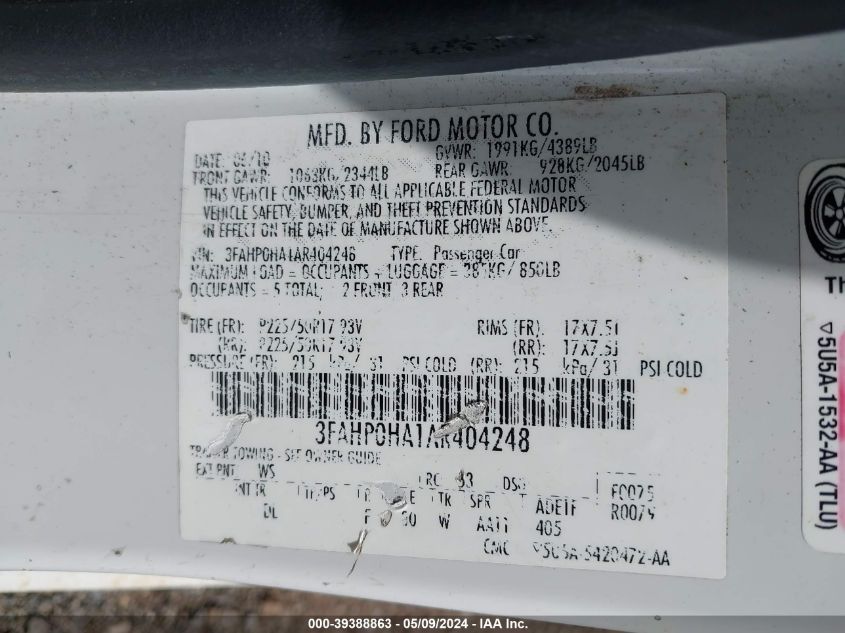 2010 Ford Fusion Se VIN: 3FAHP0HA1AR404248 Lot: 39388863