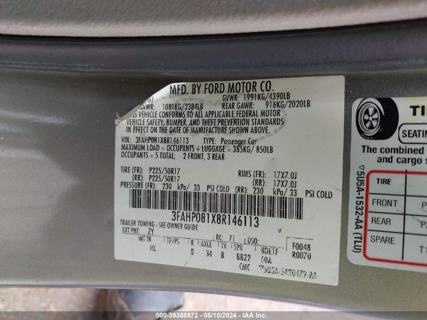 2008 Ford Fusion Sel VIN: 3FAHP081X8R146113 Lot: 39388872