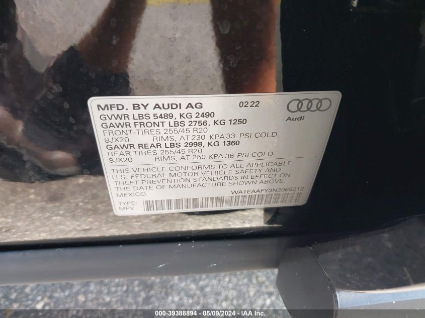 2022 Audi Q5 Premium Plus 45 Tfsi S Line Quattro S Tronic VIN: WA1EAAFY3N2065212 Lot: 39388894