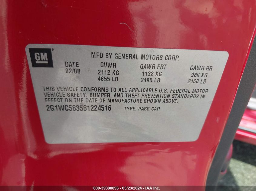 2008 Chevrolet Impala Lt VIN: 2G1WC583581224516 Lot: 39388896