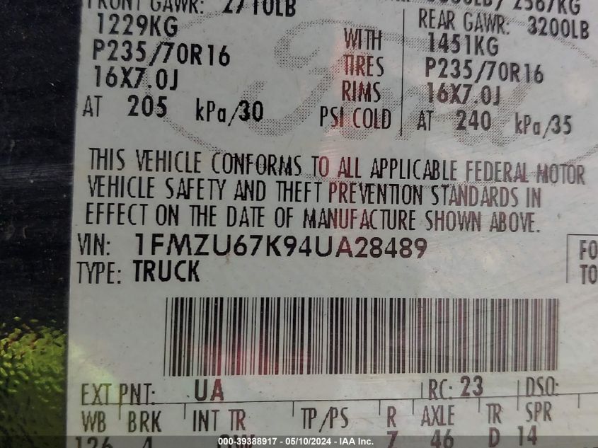 2004 Ford Explorer Sport Trac Adrenalin/Xls/Xlt VIN: 1FMZU67K94UA28489 Lot: 39388917