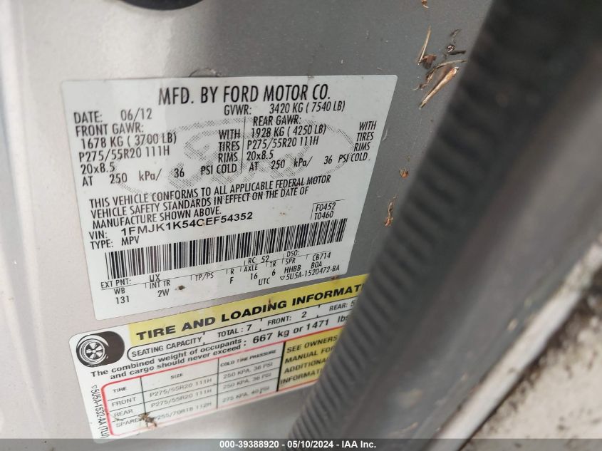 2012 Ford Expedition El Limited VIN: 1FMJK1K54CEF54352 Lot: 39388920