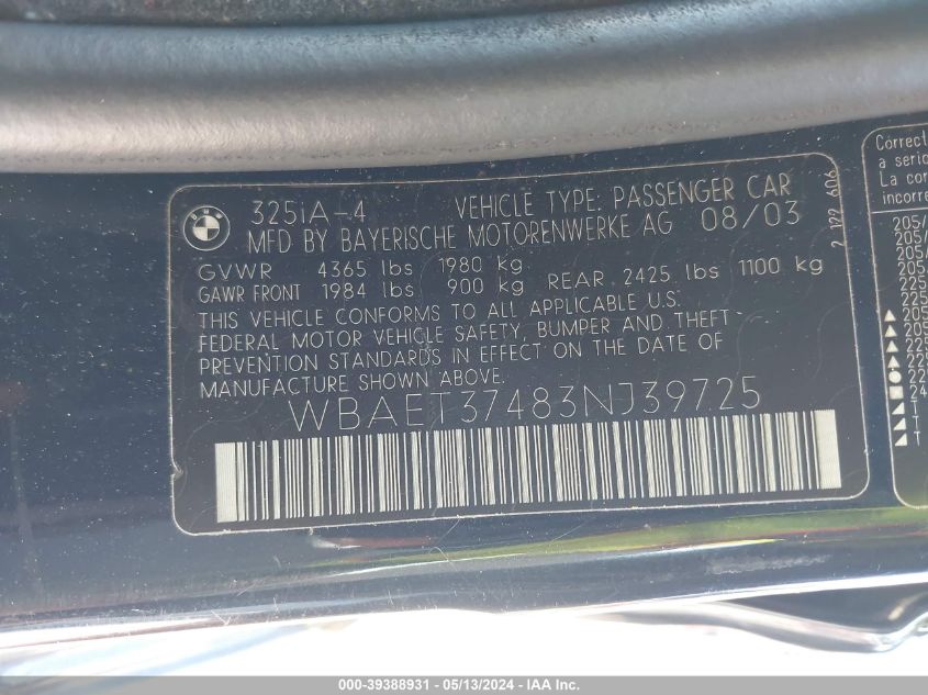 2003 BMW 325I VIN: WBAET37483NJ39725 Lot: 39388931