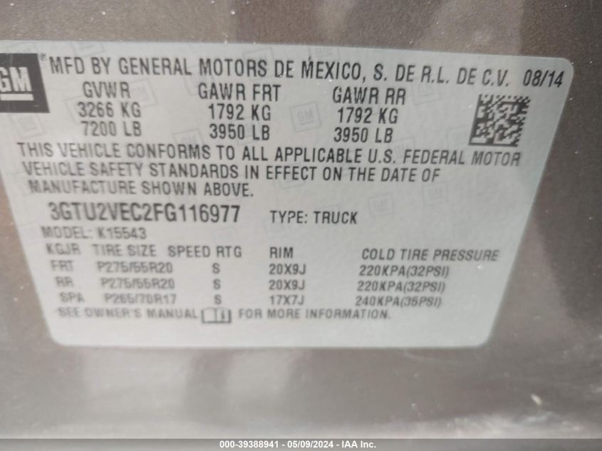 2015 GMC Sierra 1500 Slt VIN: 3GTU2VEC2FG116977 Lot: 39388941