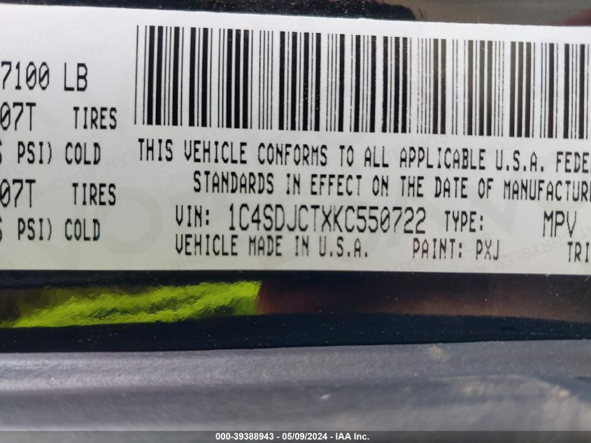 2019 Dodge Durango R/T Awd VIN: 1C4SDJCTXKC550722 Lot: 39388943