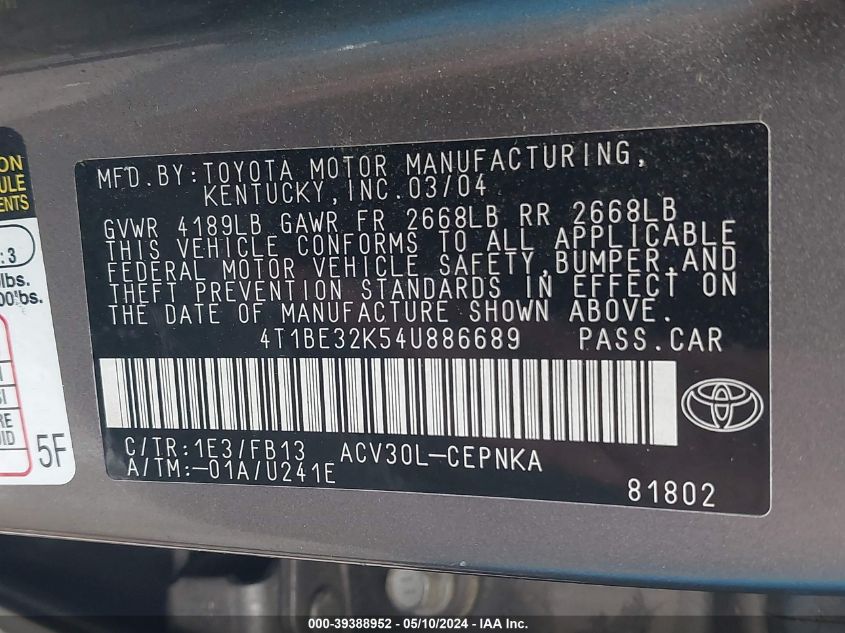 4T1BE32K54U886689 2004 Toyota Camry Le