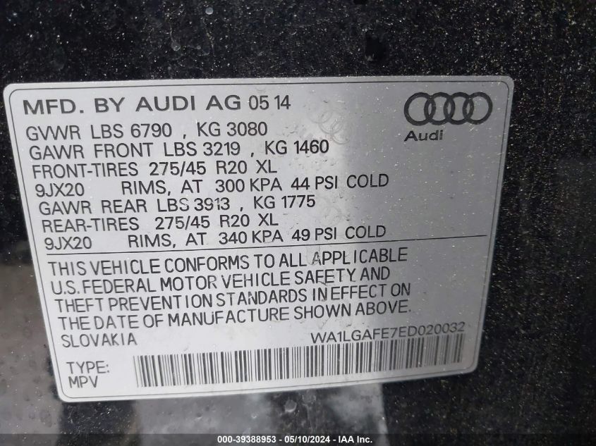 2014 Audi Q7 3.0T Premium VIN: WA1LGAFE7ED020032 Lot: 39388953