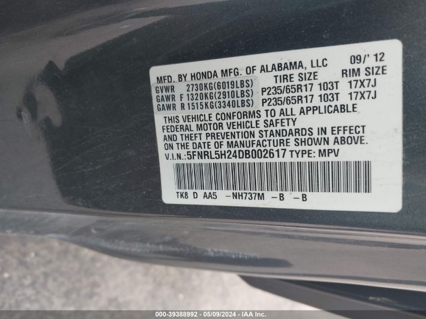 2013 Honda Odyssey Lx VIN: 5FNRL5H24DB002617 Lot: 39388992