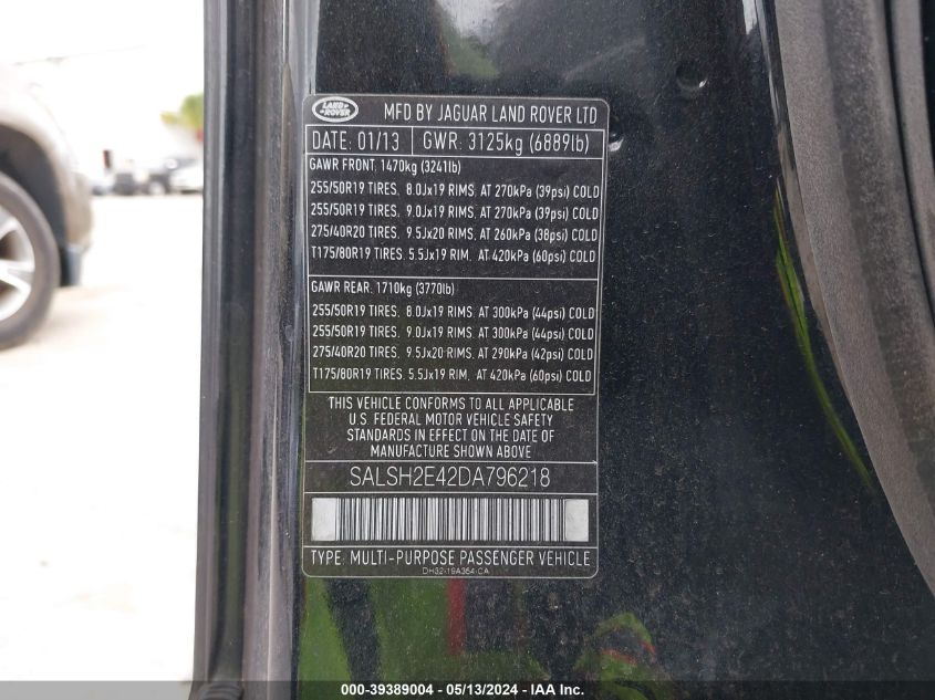 2013 Land Rover Range Rover Sport Supercharged VIN: SALSH2E42DA796218 Lot: 39389004