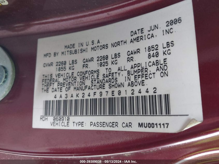 2007 Mitsubishi Eclipse Gs VIN: 4A3AK24F97E012442 Lot: 39389038