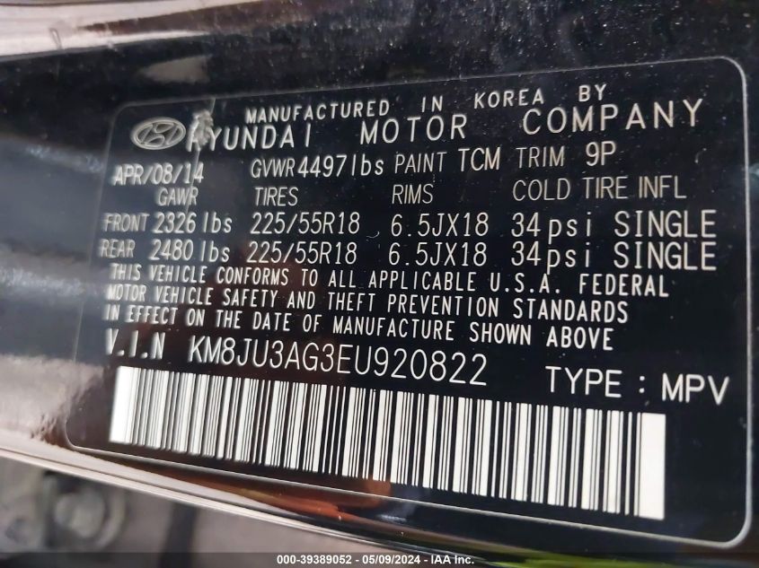 2014 Hyundai Tucson Limited VIN: KM8JU3AG3EU920822 Lot: 39389052