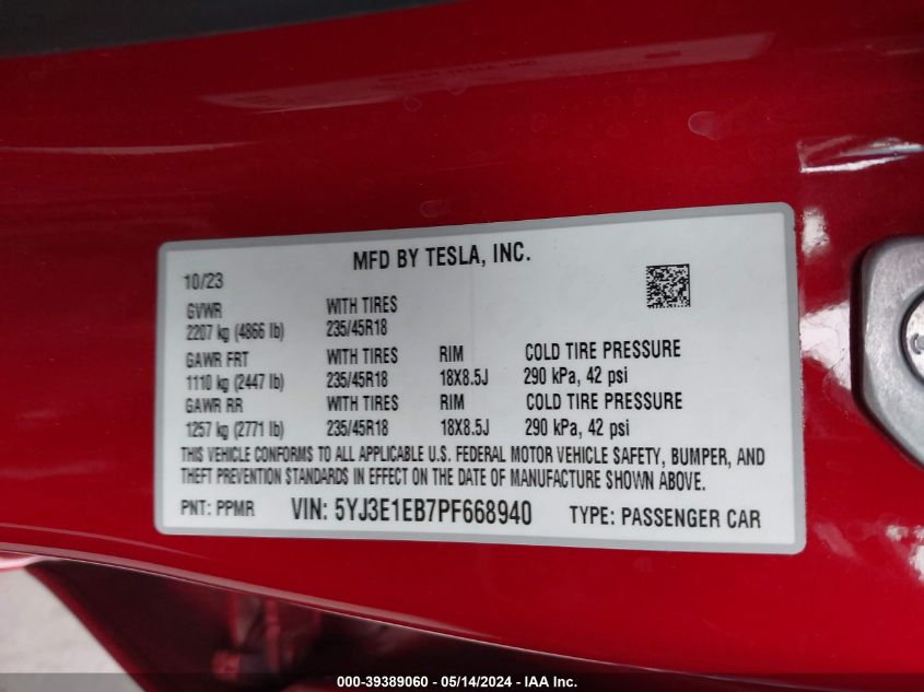 2023 Tesla Model 3 Long Range Dual Motor All-Wheel Drive VIN: 5YJ3E1EB7PF668940 Lot: 39389060