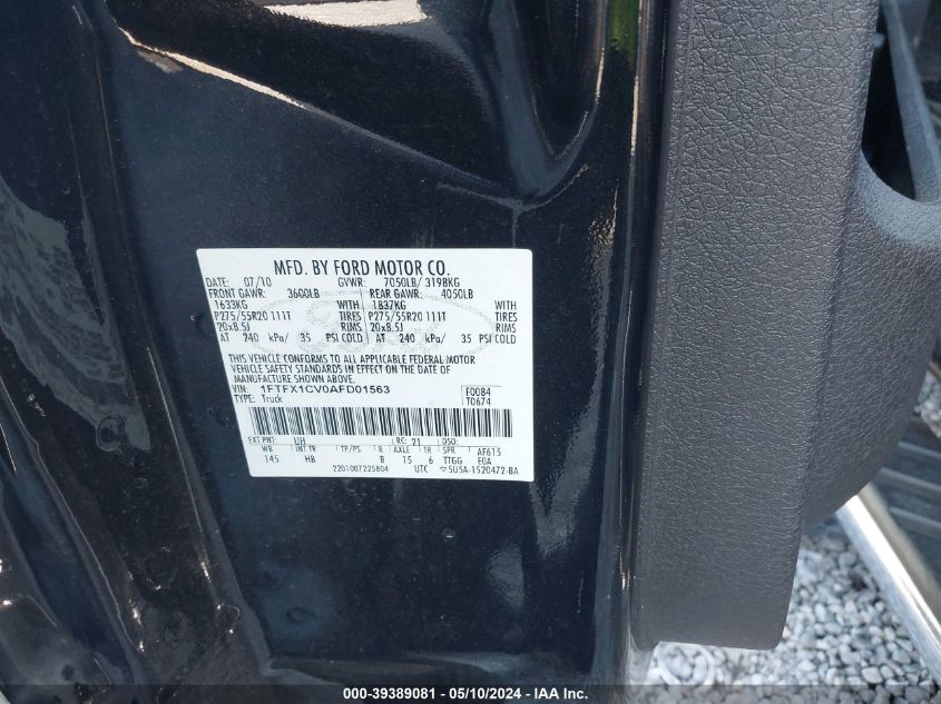 2010 Ford F-150 Fx2 Sport/Lariat/Xl/Xlt VIN: 1FTFX1CV0AFD01563 Lot: 39389081