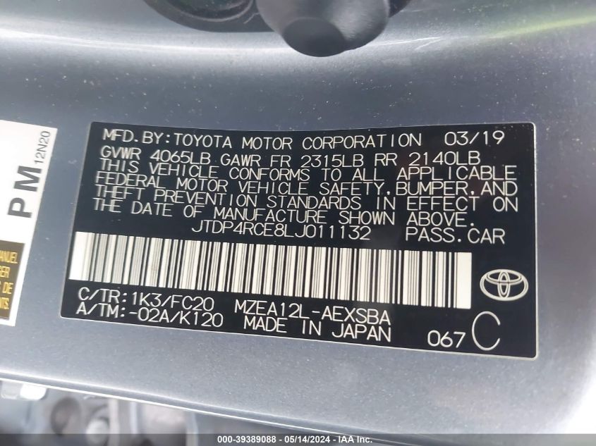 2020 Toyota Corolla Se VIN: JTDP4RCE8LJ011132 Lot: 39389088