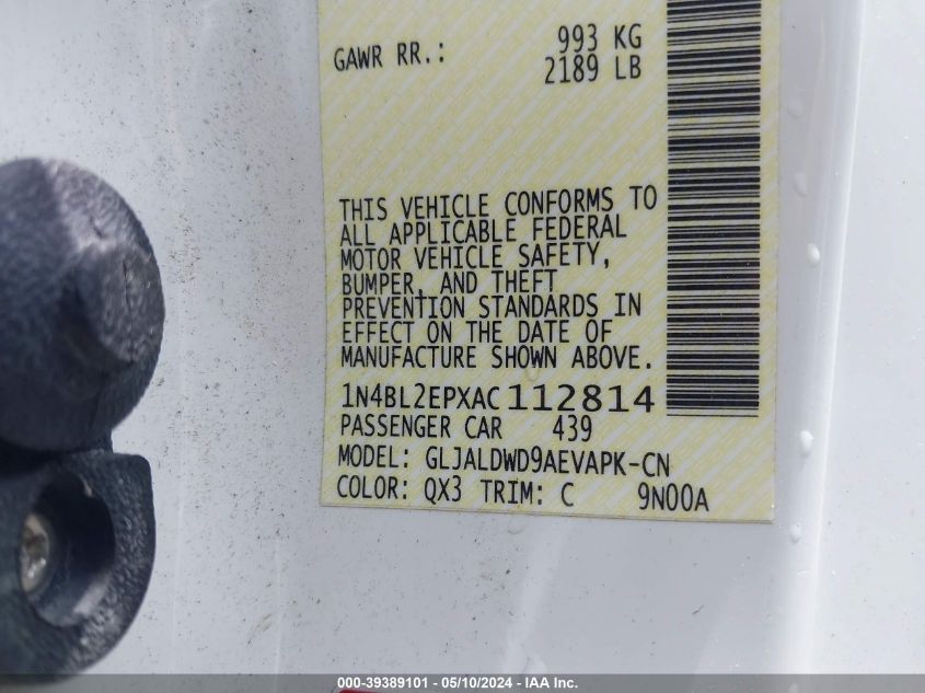 2010 Nissan Altima 3.5 Sr VIN: 1N4BL2EPXAC112814 Lot: 39389101