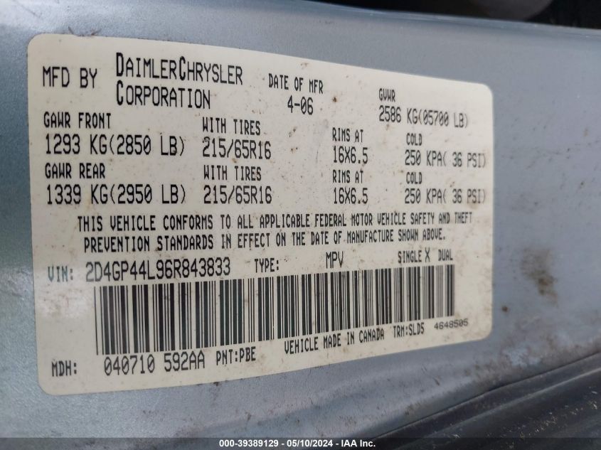 2006 Dodge Grand Caravan Sxt VIN: 2D4GP44L96R843833 Lot: 39389129