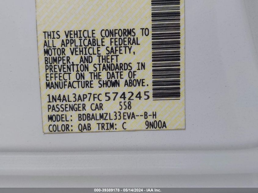 2015 Nissan Altima 2.5 Sv VIN: 1N4AL3AP7FC574245 Lot: 39389178