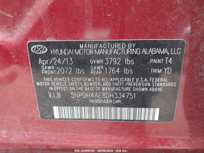 2013 Hyundai Elantra Gls VIN: 5NPDH4AE8DH334751 Lot: 39389190