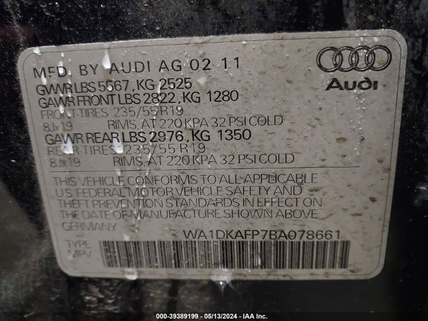 2011 Audi Q5 3.2 Premium Plus VIN: WA1DKAFP7BA078661 Lot: 39389199