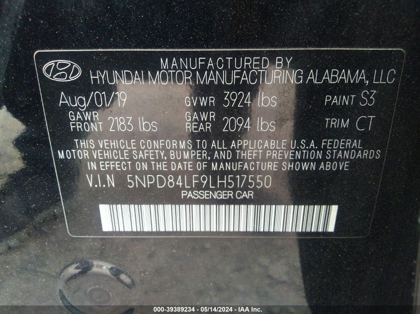 2020 Hyundai Elantra Sel VIN: 5NPD84LF9LH517550 Lot: 39389234