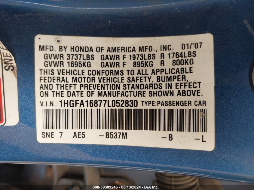 2007 Honda Civic Ex VIN: 1HGFA16877L052830 Lot: 39389246
