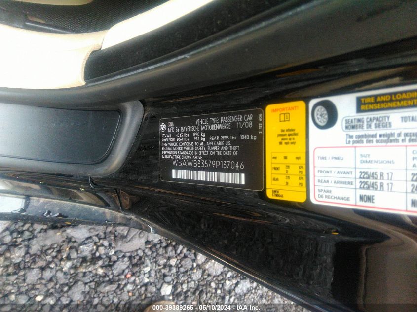 2009 BMW 328I VIN: WBAWB33579P137046 Lot: 39389265