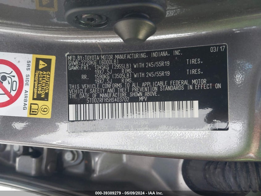 VIN 5TDDZRFH5HS403702 2017 TOYOTA HIGHLANDER LIMITED/LTD PLATINUM